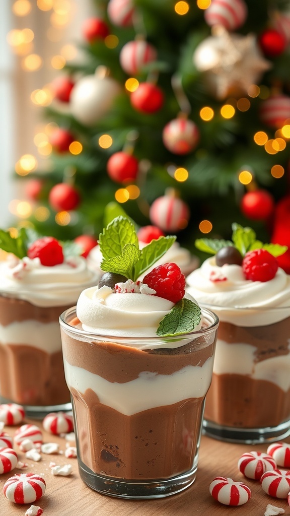 Individual dessert cups with chocolate mousse, whipped cream, and peppermint, garnished with berries and mint, in a festive setting.